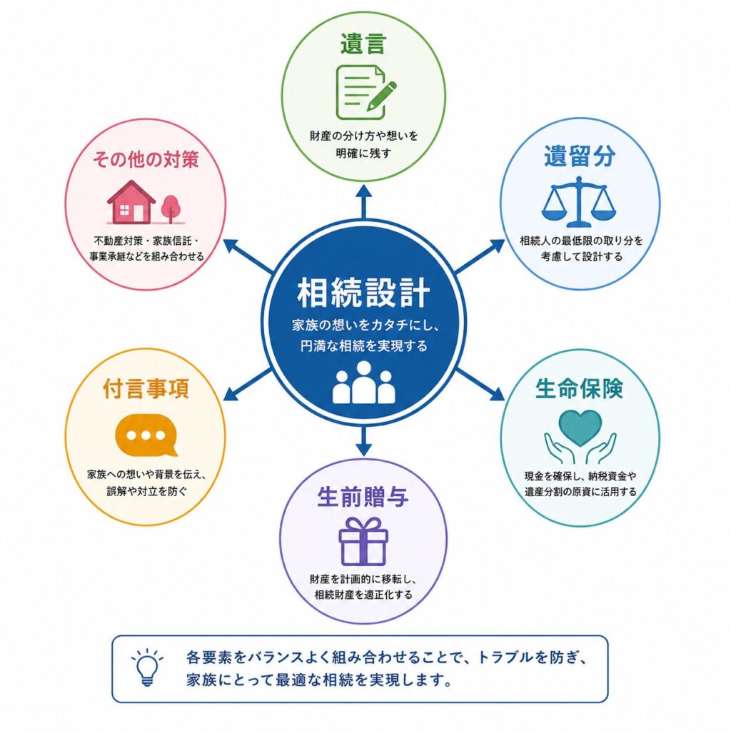 相続対策の全体設計を示す図解。中央の「相続設計」を中心に、遺言・遺留分・生命保険・生前贈与・付言事項などが矢印でつながっている