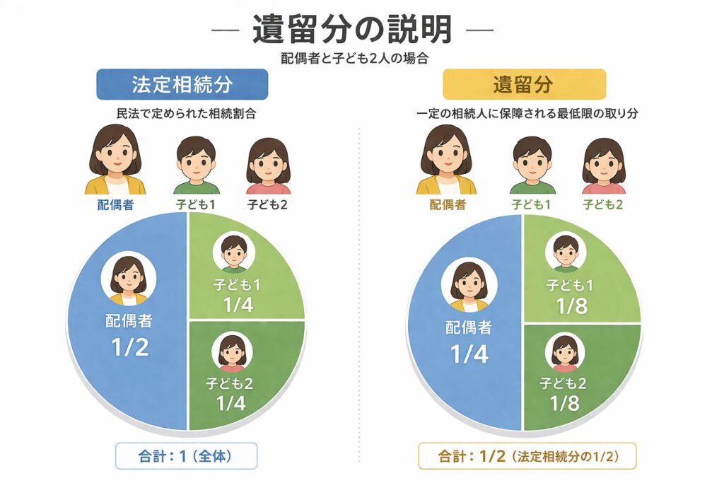 配偶者と子ども2人の家族構成における相続割合を示したインフォグラフィック。左に法定相続分（配偶者1/2、子ども各1/4）、右に遺留分（配偶者1/4、子ども各1/8）を円グラフで比較している。