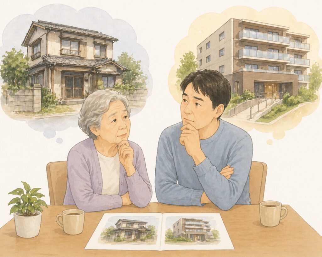 古い一戸建てとバリアフリーのマンションを思い浮かべながら、住まい選びに悩む親子の様子