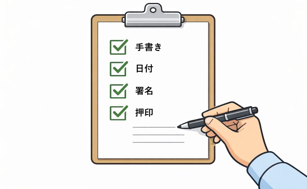 自筆証書遺言の要件をチェックリスト形式で示した図解。自筆・日付・署名・押印の各項目にチェックが入っている様子を表現している。