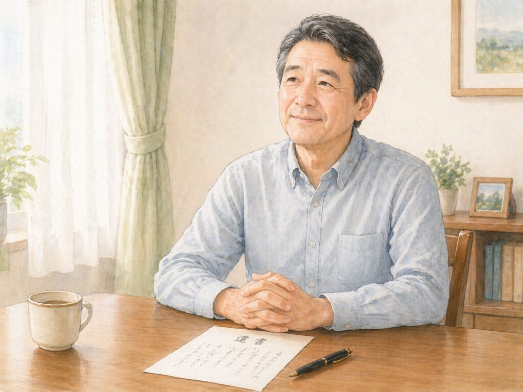 遺言書を書き終え、安心した表情で机に向かう日本人の中高年男性