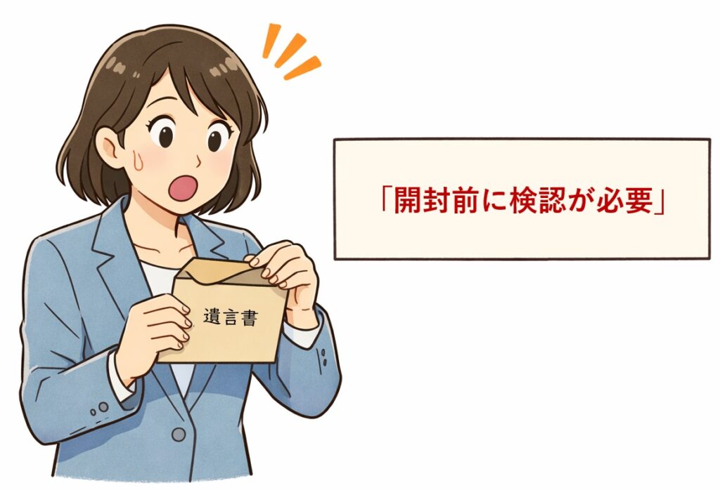 遺言書の封筒を開けようとして手を止める人物と「開封前に検認が必要」という注意表示