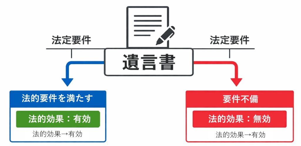 遺言書の法定要件・法的効果・法的効力の関係を示す図解。要件を満たす場合は有効、不備がある場合は無効となる流れをフローチャートで説明