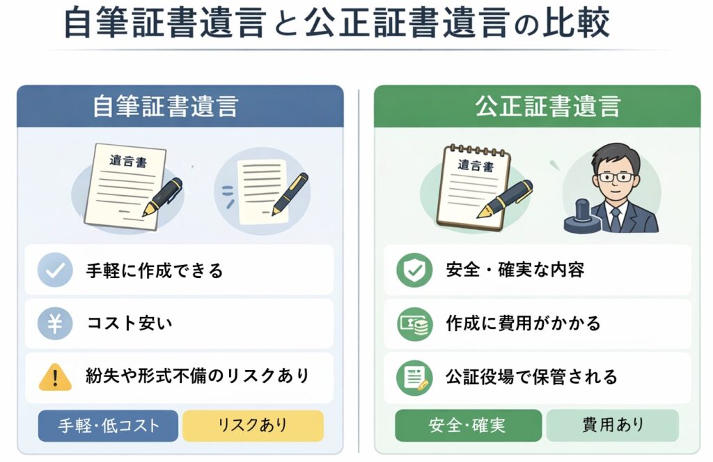 自筆証書遺言と公正証書遺言の違いを比較した図。自筆証書は手軽で低コストだがリスクがあり、公正証書は安全で確実だが費用がかかる点を左右で整理している。