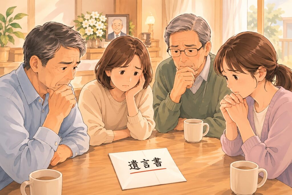 遺言書を前に、戸惑いや不安な表情でテーブルを囲む日本人の兄弟姉妹