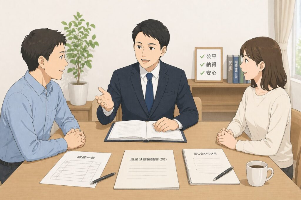 専門家が間に入り、兄弟が落ち着いて遺産分割について話し合っている様子