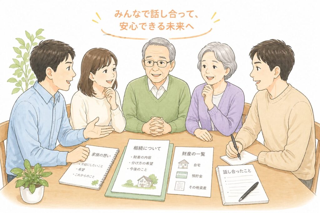 相続について家族で円満に話し合う日本人の親子。笑顔でテーブルを囲み、書類を見ながら落ち着いて相談している様子