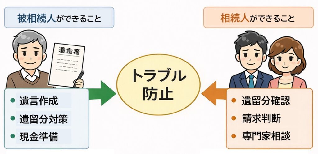 相続対策の全体像を示す図解。被相続人と相続人それぞれの対策がトラブル防止につながる関係を表現