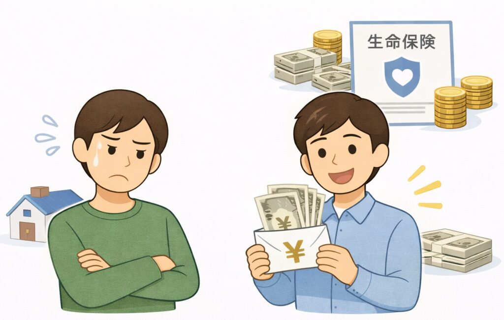 相続で不公平を感じている兄弟のイラスト。一人は多額のお金を受け取って喜び、もう一人は不満そうな表情をしている様子が描かれている。