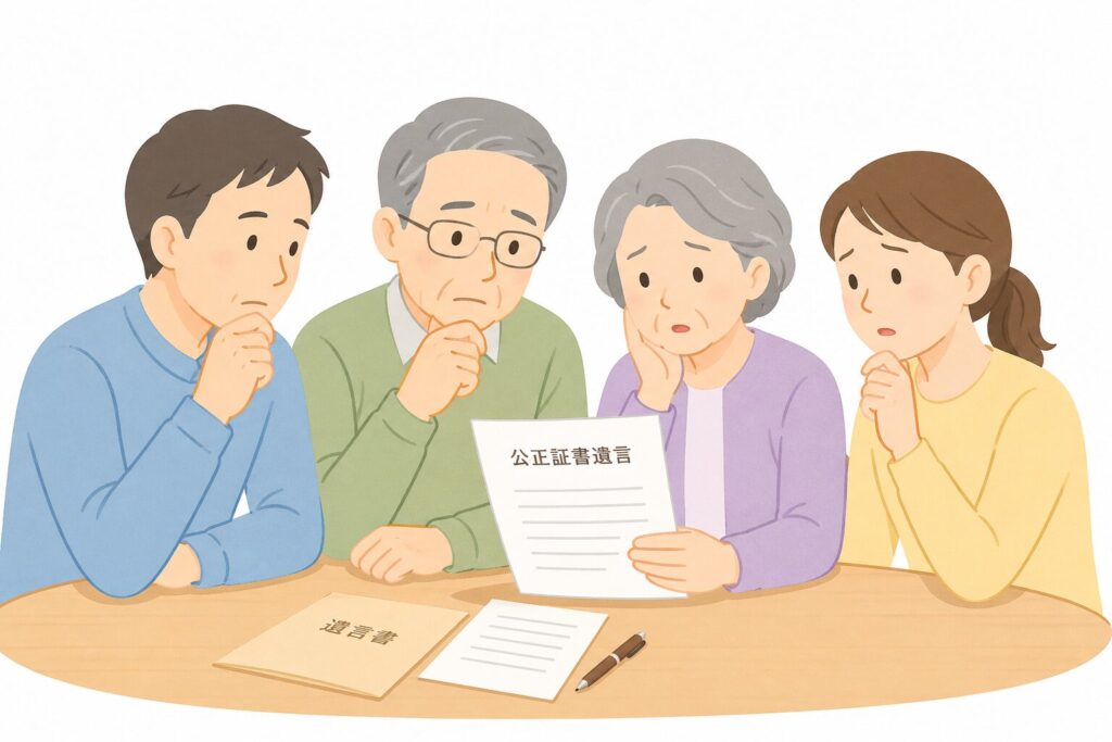 公正証書遺言について悩む高齢の親と家族が、テーブルで書類を見ながら話し合っている様子