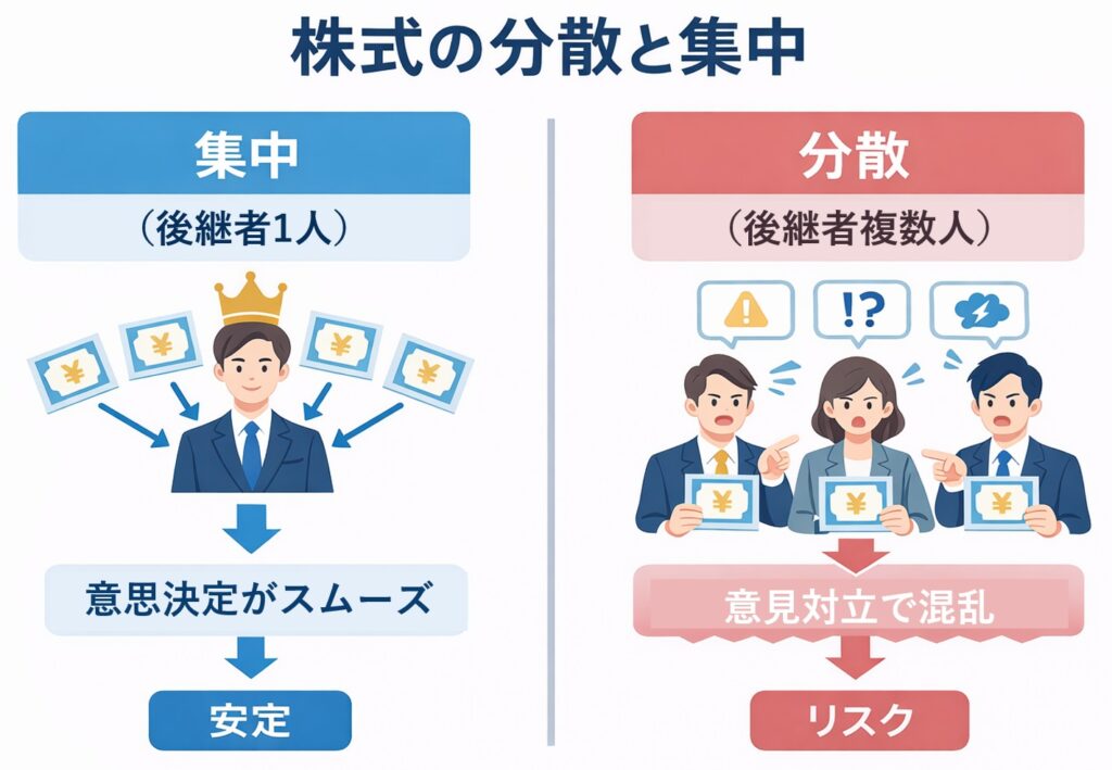 株式の集中と分散の違いを比較した図。集中は後継者1人で意思決定がスムーズ、分散は複数人で意見対立により混乱する様子を示している