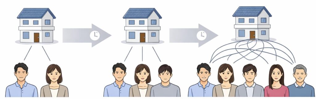 共有名義の不動産で、時間の経過とともに共有者が増え、権利関係が複雑化していく様子
