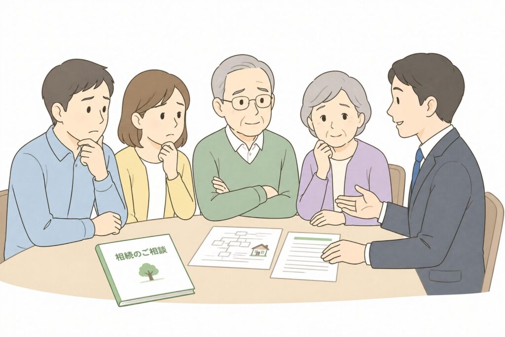 相続について銀行担当者と相談する日本人の高齢者と家族。テーブルを囲み、安心しつつも少し不安な表情で話し合っている様子