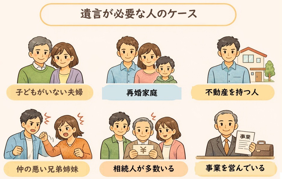 遺言書が必要な人の代表的なケースを示した図解（子どもがいない夫婦・再婚家庭・不動産所有など）