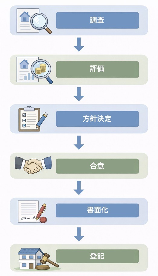 共有名義の不動産分割の手順を調査・評価・方針決定・合意・書面化・登記の流れで示したフローチャート