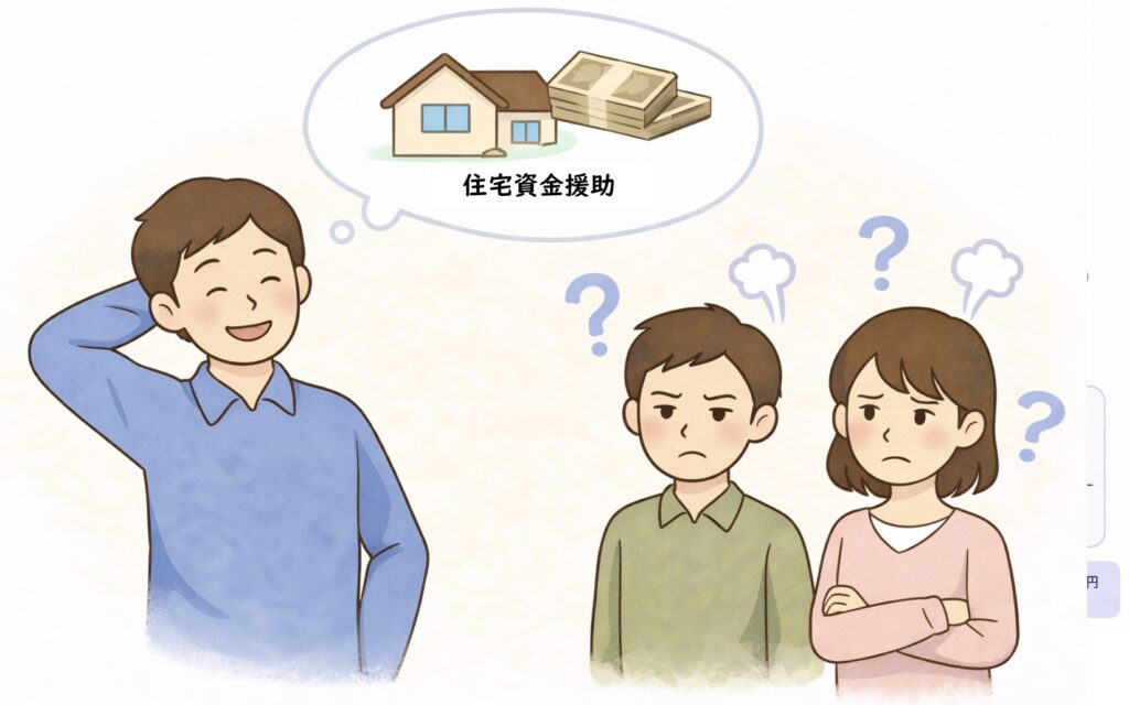 長男が住宅資金の援助を受けて満足している一方で、他の兄弟が不満そうな表情をしている相続の不公平感を表したイラスト。