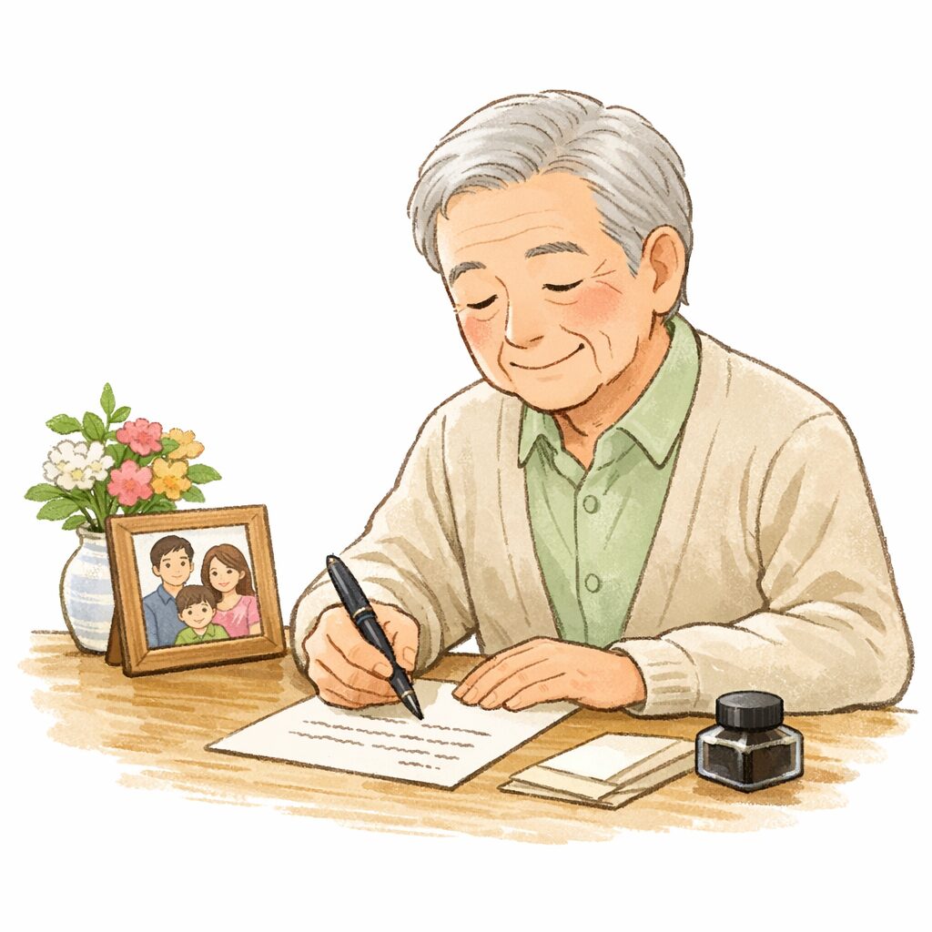遺言書に想いを書き込む高齢者のイラスト。穏やかな表情で手紙を書き、近くに家族写真が置かれている温かい雰囲気の場面。