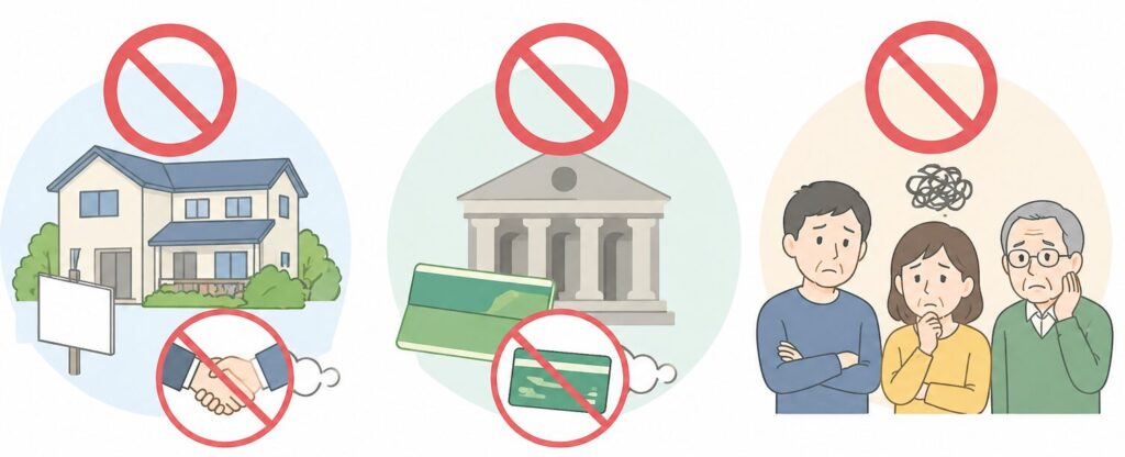 名義変更できないことで、家の売却ができない、銀行口座が使えない、家族が困っている状況を示したアイコン図