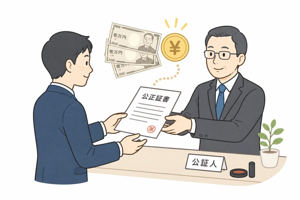 公証人から公正証書を受け取る人物のイラスト。費用を示す円マークとお金が描かれている。