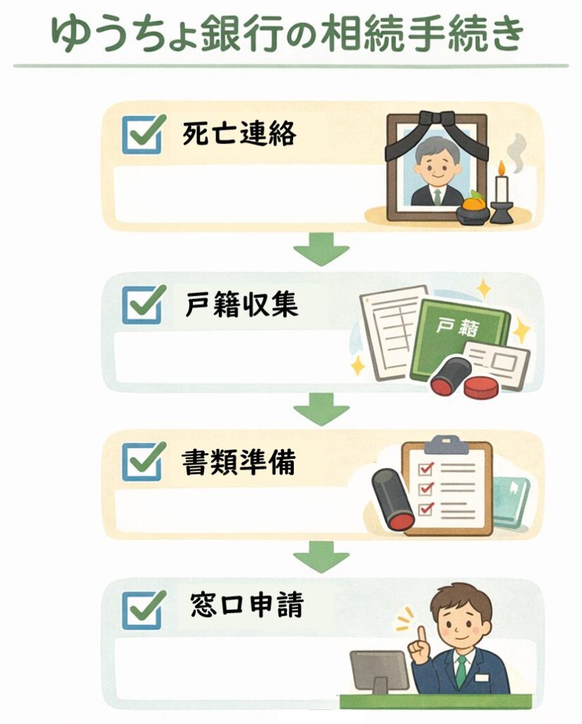ゆうちょ銀行の相続手続きの流れを示すフローチャート。死亡連絡から戸籍収集、書類準備、窓口申請、払い戻しまでの手順をチェックリスト形式で解説した図。