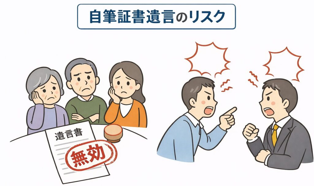 自筆証書遺言のリスクを示すイラスト。無効とされた遺言書を前に困る家族と、相続トラブルで揉めている様子を表現