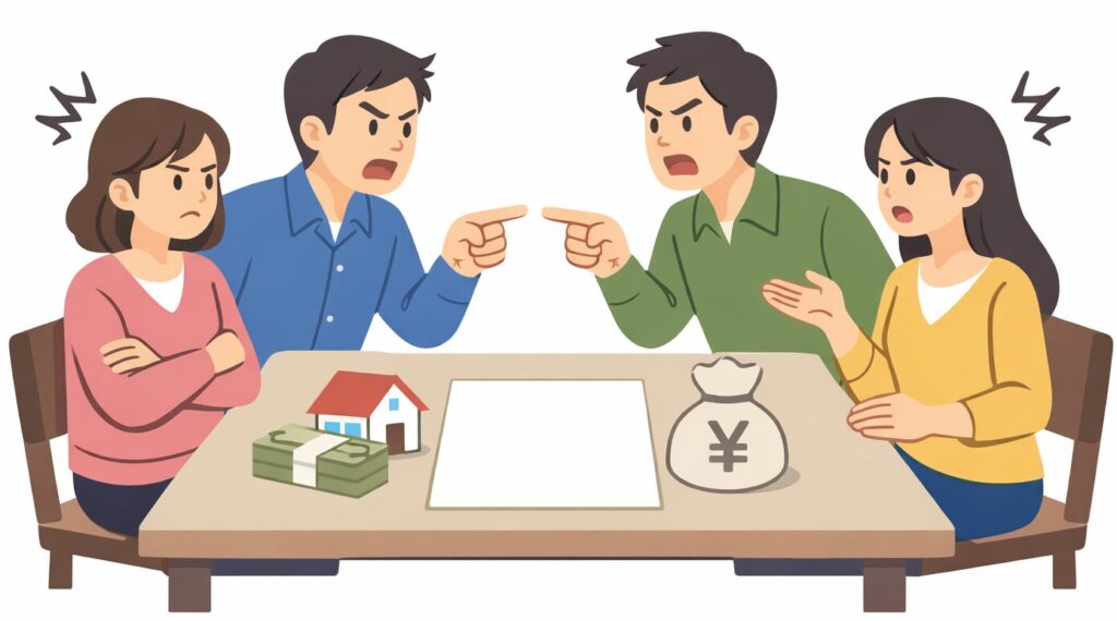 相続トラブルで家族が言い争っている様子のイラスト（遺産分割で対立する兄弟と配偶者）