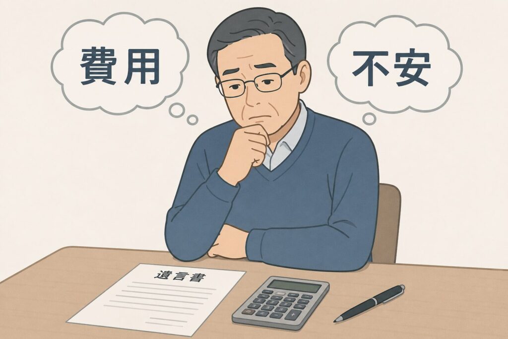 遺言書の作成費用に悩む中高年の日本人男性が、書類と電卓を前に考え込んでいるイラスト