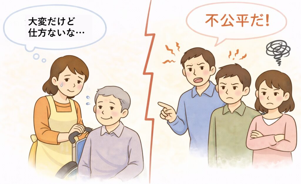 介護をしてきた家族と、していない家族の間で意見が対立している様子のイラスト。介護していた人物は疲れながらも納得した表情、他の家族は不満そうにしている。