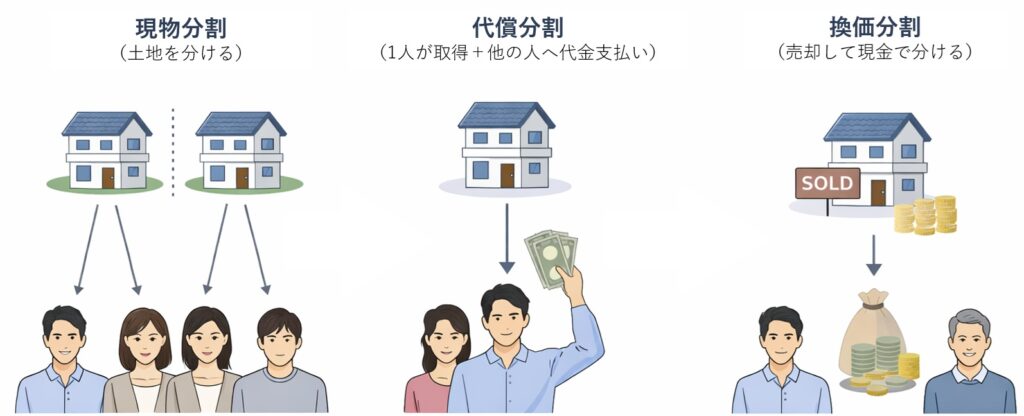 共有名義の不動産の分割方法である現物分割・代償分割・換価分割を比較した図解