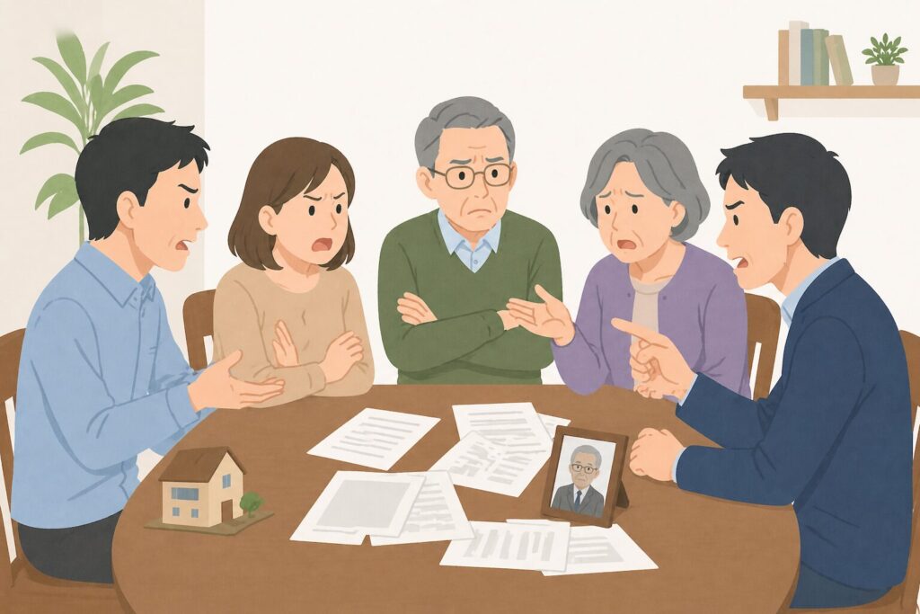 相続トラブルで家族がテーブルを囲んで言い争っている様子。日本の家庭で書類を前に意見が対立している