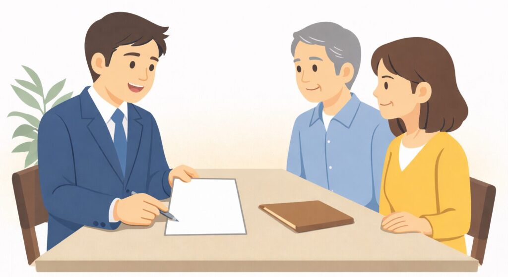行政書士が相談者に遺言について説明している様子のイラスト
