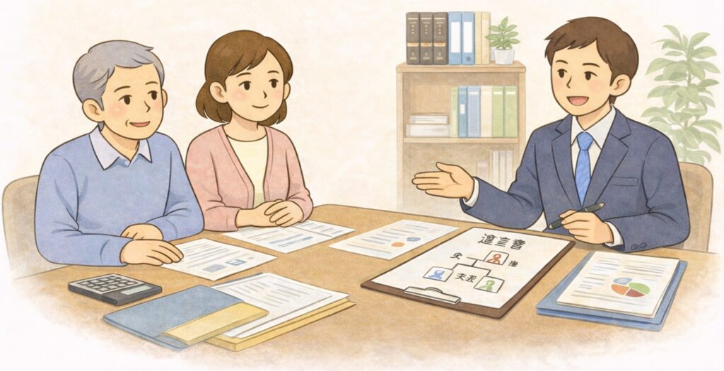 相続や遺言について専門家と相談している様子のイラスト。机の上に書類を広げ、相談者とスーツ姿の専門家が向き合って話し合っている。