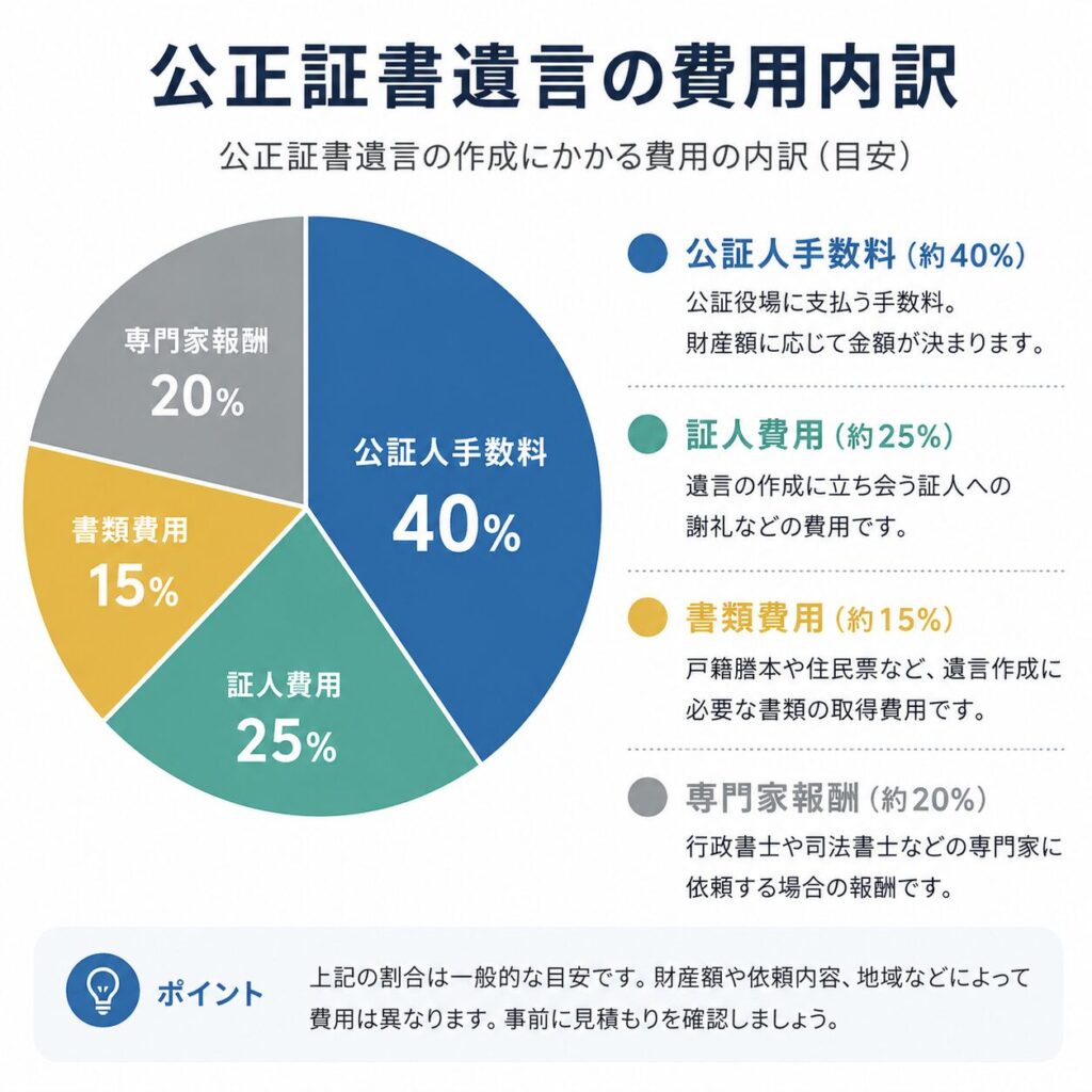 公正証書遺言の費用内訳を示す円グラフ。公証人手数料、証人費用、書類費用、専門家報酬の割合を比較している。