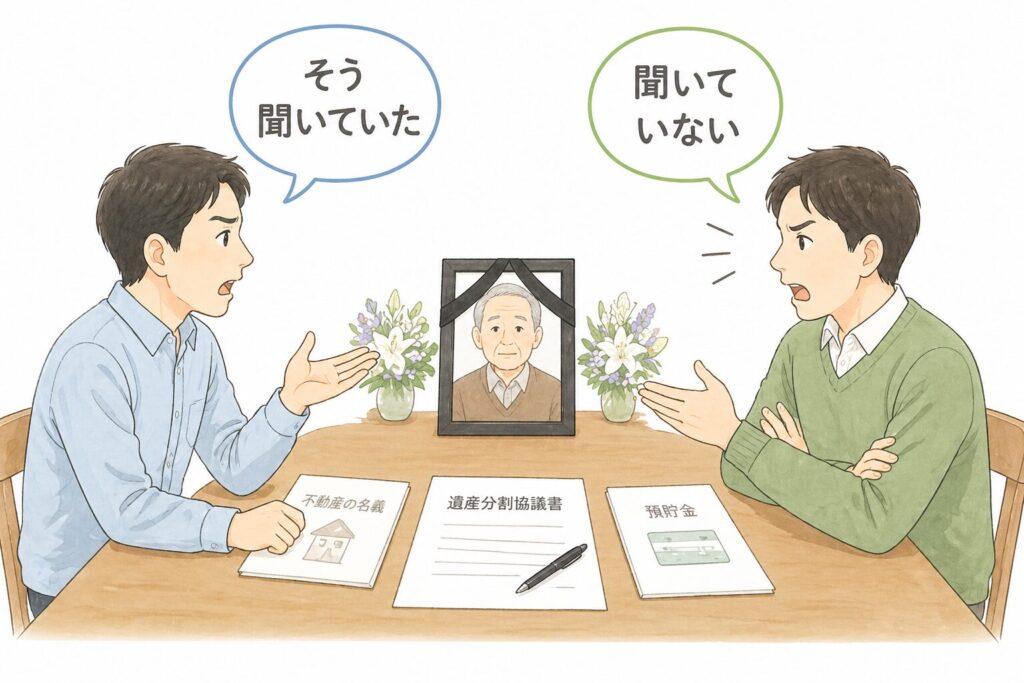 相続をめぐって意見が対立する日本人の兄弟。遺影と書類を前に、向かい合って話し合いがかみ合っていない様子