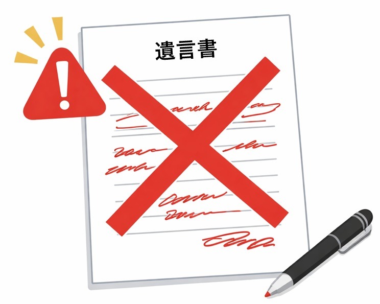 バツ印がついた遺言書と修正跡のある書類のイラスト