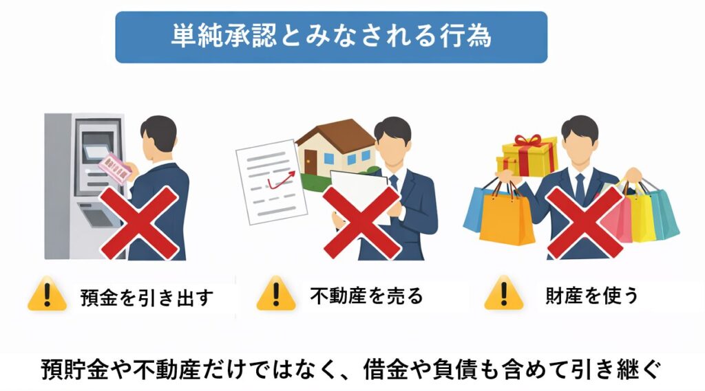 単純承認とみなされる行為を示す図。預金の引き出し、不動産の売却、財産の使用などの行為が注意マークとバツ印で示されている。