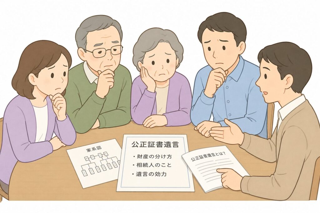 公正証書遺言について悩む高齢者と家族が、テーブルで書類を見ながら話し合っている様子