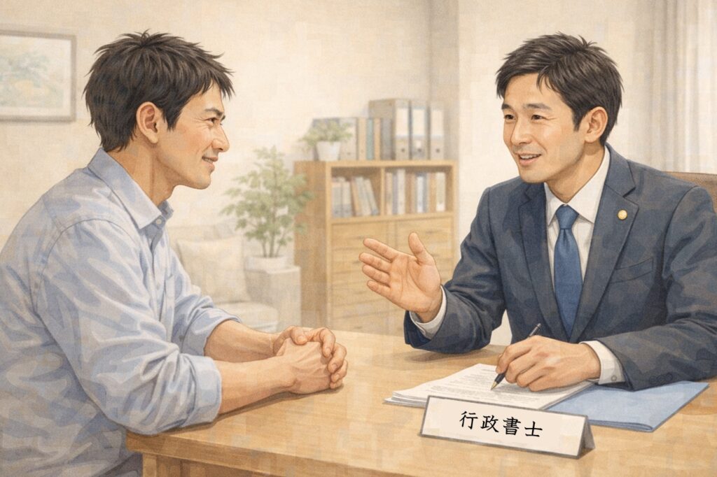 行政書士が相続相談に対応し、40代男性が安心して話を聞いている様子