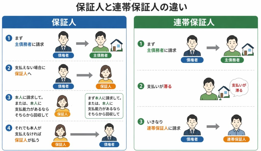 保証人と連帯保証人の違いを比較した図解。保証人は主債務者に請求した後に支払い義務が生じるのに対し、連帯保証人は主債務者と同時またはいきなり請求される仕組みを示している。
