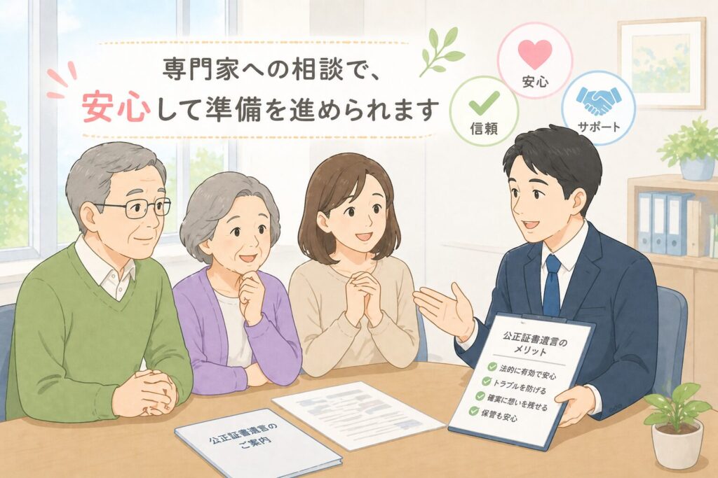 費用の見積書と電卓を見ながら安心している高齢者夫婦のイラスト