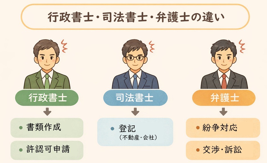 行政書士・司法書士・弁護士の役割の違いを示した図解（書類作成・登記・紛争対応の比較）