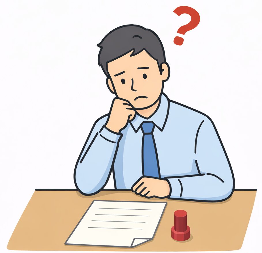 遺言書を見ながら判断に迷っている人物のイラスト。机の上の手書きの遺言書を前に考え込む様子をシンプルな図で表現している。