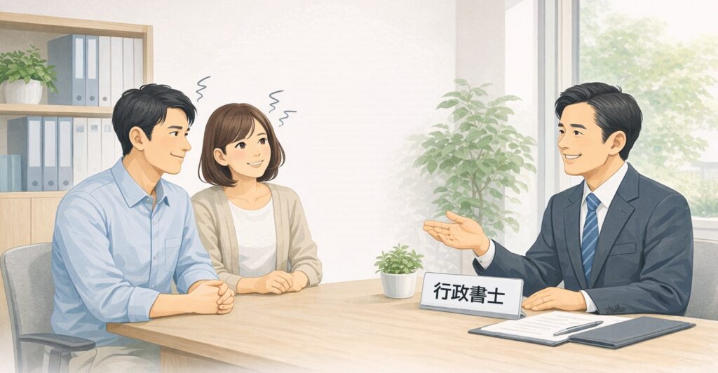 行政書士に相談し、安心した表情で話を聞く日本人の男女のイラスト