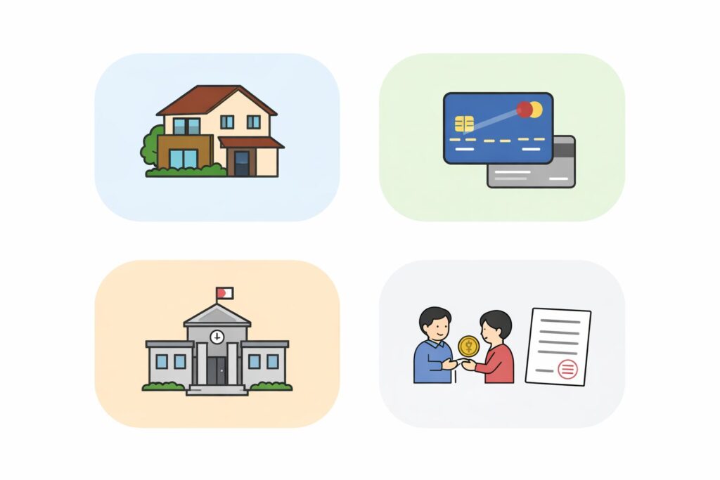 相続で対象となる借金の種類を4つに分類したイラスト（住宅ローン、カードローン・クレジット、公的貸付、その他の借入）