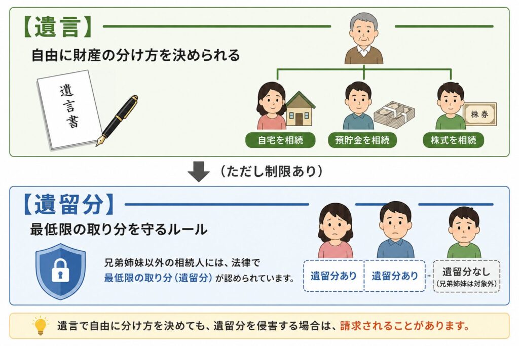 遺言と遺留分の関係を示す図。遺言は自由に財産配分を決められるが、遺留分により最低限の取り分が守られることを説明している。