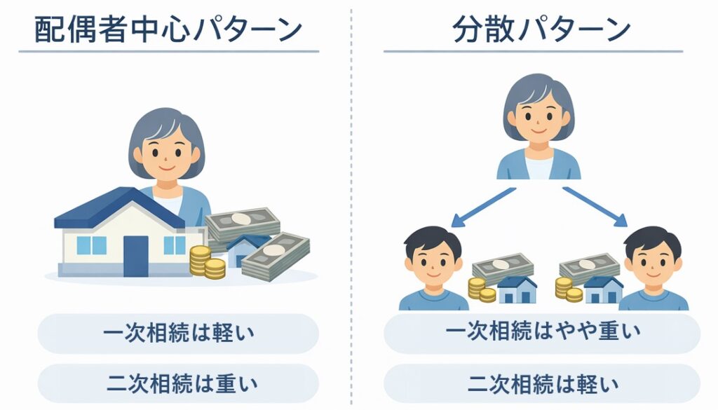 相続の分け方による違いを比較した図解。配偶者中心パターンと分散パターンを対比し、一次相続と二次相続の税負担の違いを示している。