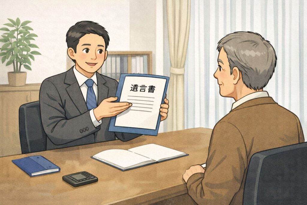 行政書士が相談者に遺言書について説明している様子。机を挟んで書類を見せながら丁寧に説明し、安心感を与えている場面。