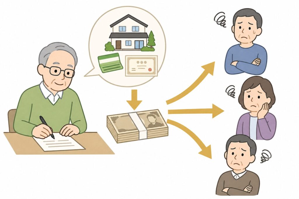 相続の流れを示す図。高齢男性が遺言書を作成し、その財産が複数の相続人に分配される中で、遺留分としてお金が調整される様子を表している