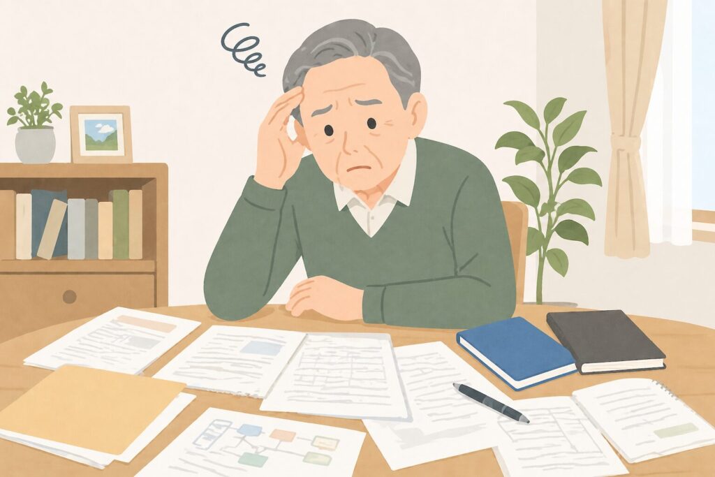 遺言書作成の手続きで悩む高齢の日本人男性。机の上に書類や資料が広がり、困っている様子