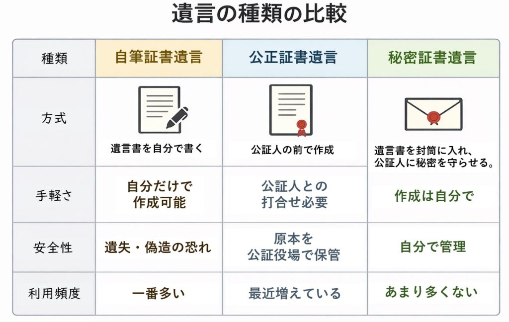 自筆証書遺言・公正証書遺言・秘密証書遺言の違いを比較した図解。手軽さ・安全性・利用頻度などの特徴を一覧表で分かりやすく整理